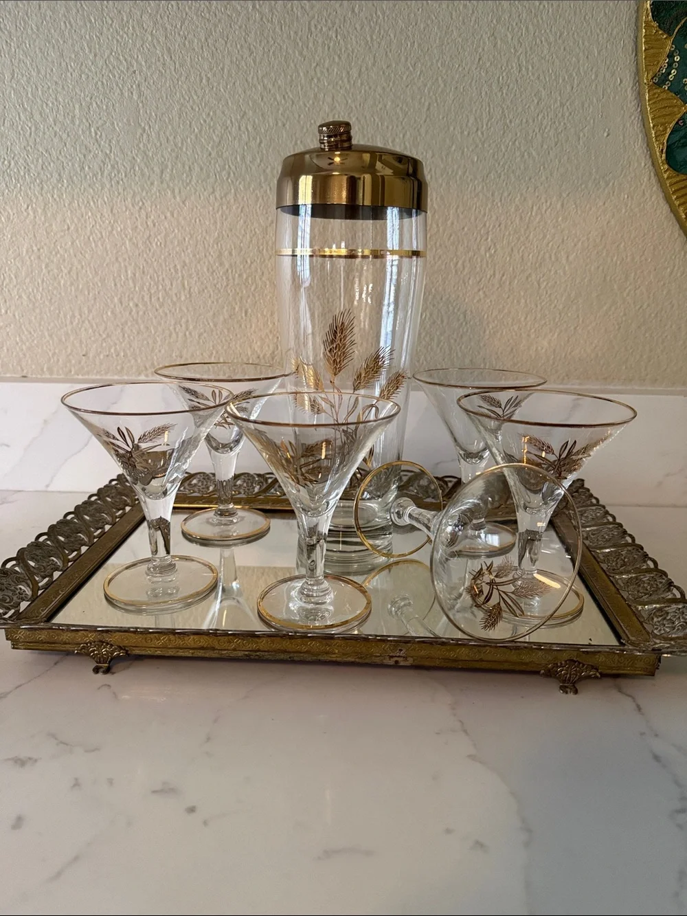 Mid Century Gold-Trimmed Wheat Cocktail Glasses Set of 6